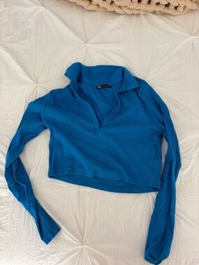 Zara Bright Blue Ribbed Long-Sleeve Polo Crop Top